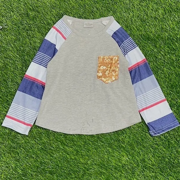Other - Gray Blue Red White Baseball Long Sleeve Shirt Rose Gold Sequin Pocket